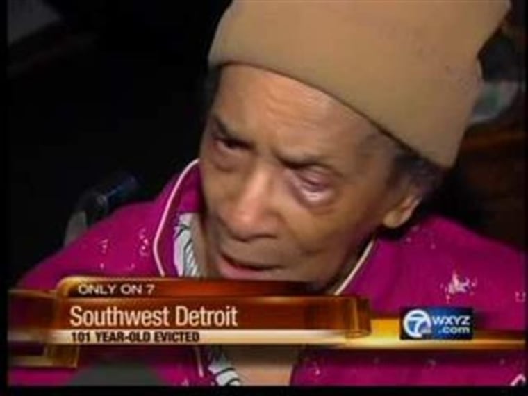 This video television frame grab provided by WXYZ.com shows Texana Hollis of Detroit. Hollis, A 101-year-old woman, was evicted from the southwest Detroit home where she lived for nearly six decades after her 65-year-old son failed to pay the mortgage.